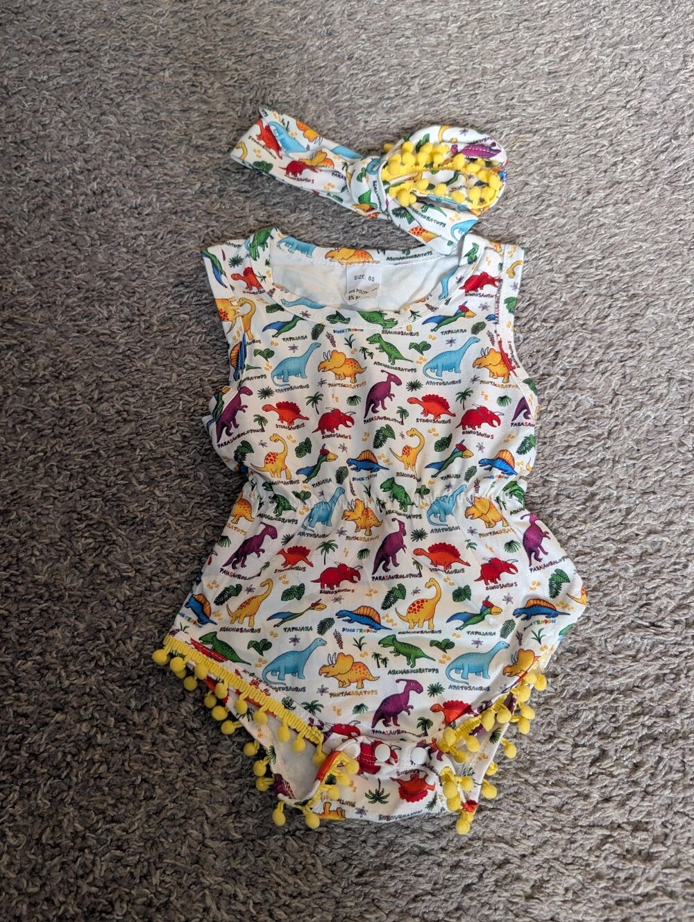Baby Girls White Dinosaur Print One-Piece Romper And Matching Headband